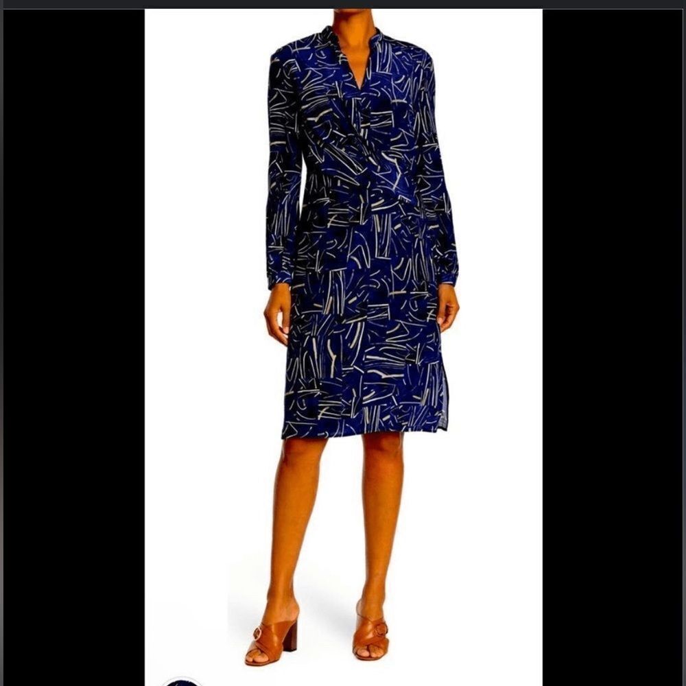 St. John 100% Silk Long Sleeve Faux Wrap Mini Dress, Artistic Pattern Blue 6 NWT